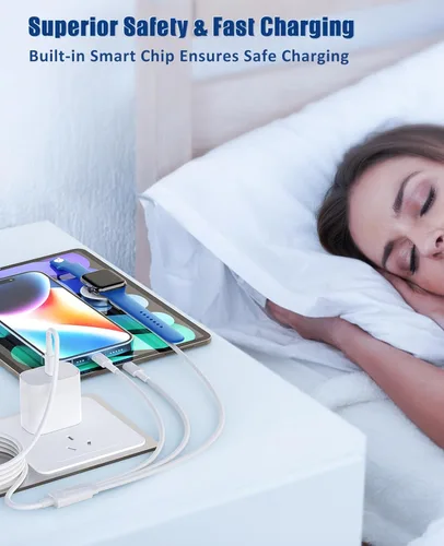 Miniatura 7 de Cargador para Apple Watch de carga rápida, cable de carga múltiple 3 en 1 con cargador USB C de 20 W, cable de carga iWatch de 3 pies para iWatch