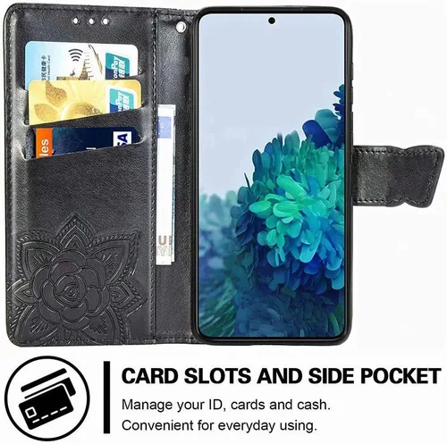 Miniatura 3 de Funda tipo cartera para Samsung Galaxy S21+/S21 Plus, piel sintética de alta calidad con estampado de flores de mariposa en relieve, función atril