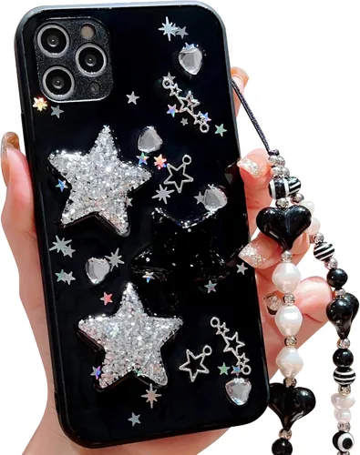 Funda compatible con iPhone 11 Pro, bonita funda protectora con purpurina 3D con purpurina blanca y negra con estrellas blancas y negras con pulsera