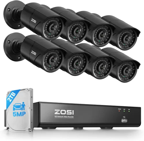 ZOSI Sistema de cámara de seguridad PoE 4K para exteriores, NVR PoE de 8 canales (16 canales expandibles) con disco duro de 2 TB, 8 cámaras IP