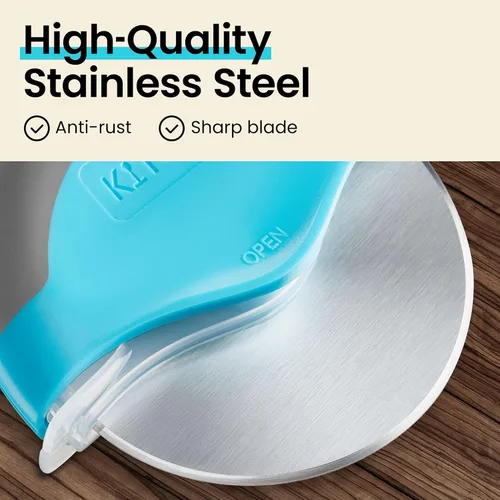 Miniatura 6 de Rueda para cortar pizza con protección para cuchilla Kitchy, rebanador súper afilado y fácil de limpiar, de acero inoxidable, Azul