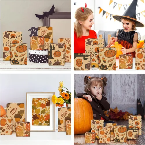 Miniatura 7 de Whaline 12 hojas de papel de estraza de Halloween para otoño, calabaza, fantasma, bruja y hojas de arce, 6 diseños de cosecha de otoño, hojas planas