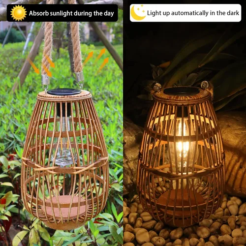 Miniatura 2 de Linterna solar de ratán natural con asa, luces LED decorativas grandes e impermeables, lámpara de mesa solar de ratán brillante para patio, boda