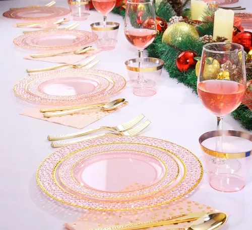 Miniatura 5 de Nervure 175 piezas de platos de plástico rosa y dorados - Platos desechables rosas: 25 platos de cena, 25 platos de postre, 25 tenedores, 25