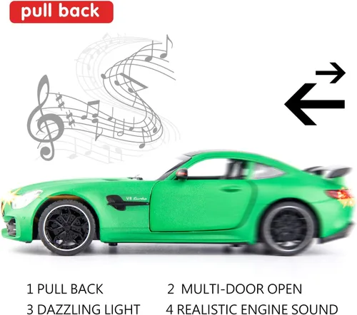 Miniatura 5 de BDTCTK 1/24 AMG GTR - Coche modelo de auto de juguete, aleación de zinc con sonido y luz para regalo de niños y niñas (verde)