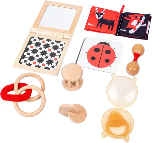 Miniatura 8 de Adena Montessori Kit de juego para bebés de 3 a 4 meses, juguetes educativos de aprendizaje de madera 8 en 1 para niños pequeños, incluye libro