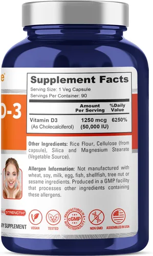 Miniatura 2 de NusaPure Vitamina D3 50,000 UI 90 Cápsulas Vegetales (sin OGM)