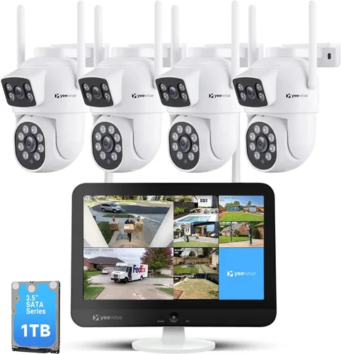 YEEWISE Sistema de cámara de seguridad inalámbrica Wi-Fi 6 2K con monitor de 12 pulgadas, cámaras de seguridad WiFi de doble lente con inclinación