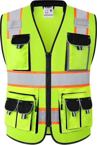 Miniatura 9 de JKSafety Chaleco de seguridad frontal con 10 bolsillos clase 2 de alta visibilidad con tiras reflectantes, cumple con los estándares ANSI/ISEA