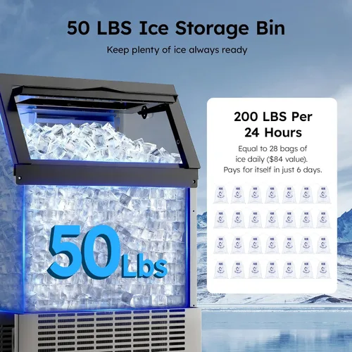 Miniatura 2 de Máquina comercial para hacer hielo - 200 libras/24 horas, máquina de hielo comercial con contenedor de almacenamiento de 50 libras, debajo
