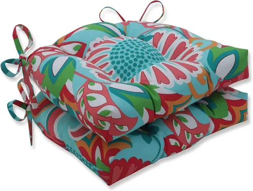Miniatura 12 de Pillow Perfect Cojín de asiento de mimbre copetudo para interiores y exteriores con lazos, 2 unidades, 15.5 x 16 pulgadas, juego de pompones