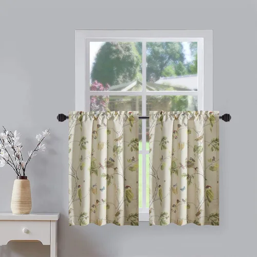 Miniatura 15 de Leeva Cortinas rústicas de cocina con estampado floral verde mezclado de lino para media ventana, para comedor, bolsillo para barra, cafetería