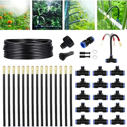 Kit de riego por goteo de 49.21 pies para invernadero, sistema de riego automático ajustable en 360°, 15 boquillas de rociado de latón, manguera de