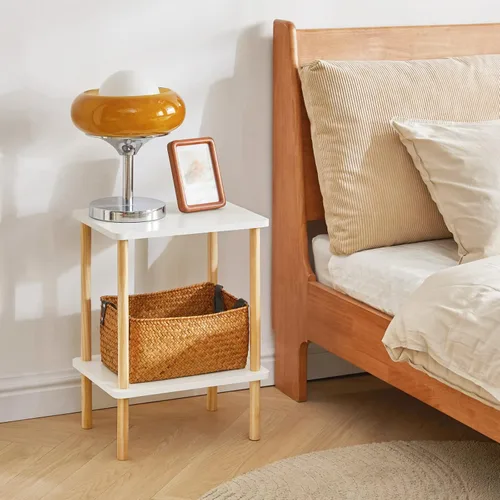 Miniatura 4 de IBUYKE Mesa auxiliar de 2 niveles, mesa auxiliar alta de madera maciza con estantes de almacenamiento, mesita de noche para sala de estar, Blanco