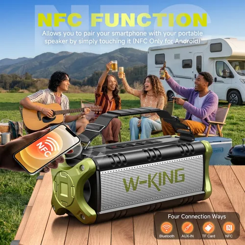 Miniatura 7 de Altavoces Bluetooth, W-KING Altavoz Bluetooth portátil fuerte de 50 W de graves profundos, IPX6 impermeable para exteriores con sonido estéreo Verde