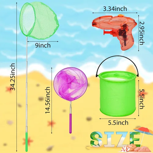 Miniatura 3 de Paquete de 14 redes telescópicas de mariposa para niños, cubos plegables y pistola de agua para niños, redes de insectos de pesca