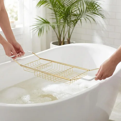Miniatura 6 de Cabilock Bandeja de baño de acero inoxidable de lujo – Estante de baño moderno expandible de 24.8 pulgadas para bañera con copa de vino y soporte