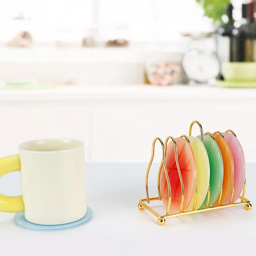 Miniatura 7 de Posavasos acrílico, 6 posavasos redondos coloridos con soporte de metal, resistentes al calor, antideslizantes, para mesa, bar, escritorio