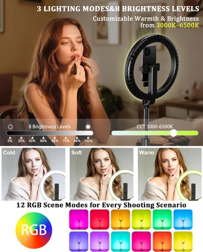 Miniatura 2 de Kit de vlogging para iPhone/Android, anillo de luz de 10 pulgadas con soporte, trípode de 74 pulgadas para iPhone con luz, micrófono, kit de inicio