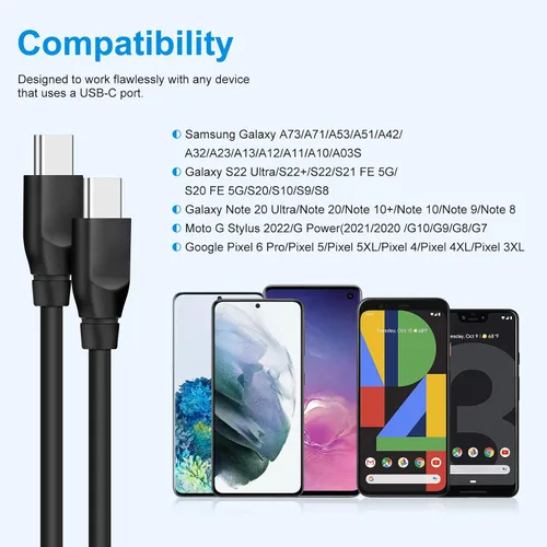 Miniatura 7 de Cable USB C a USB C, 60 W, 2 unidades tipo C a tipo C, cable de carga rápida de 6 pies C para Samsung Galaxy S25 S24 S23 Ultra S22 A53 A03S A04S A16