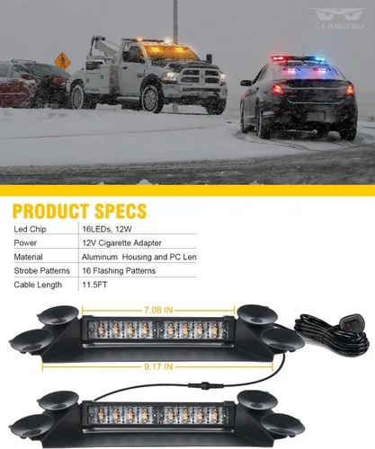Miniatura 7 de LUMENIX Barras de Luces Estroboscópicas LED de Emergencia para Salpicadero de Aluminio, Advertencia de Seguridad para Parabrisas Delantero
