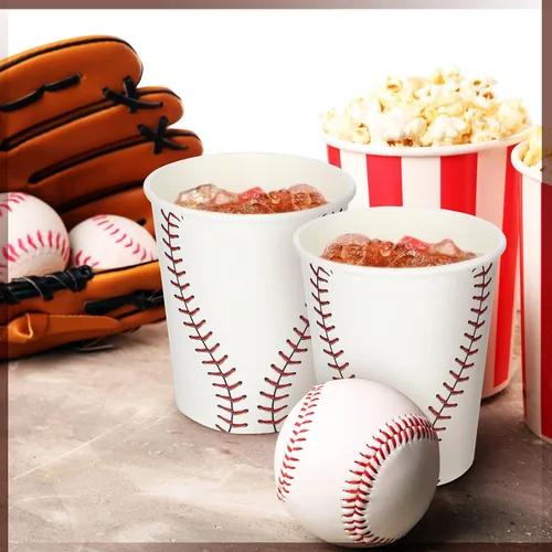 Miniatura 7 de Teling 100 piezas de suministros de fiesta de béisbol, vasos de papel desechables de 9 onzas para deportes, decoraciones de fiesta de béisbol, vasos
