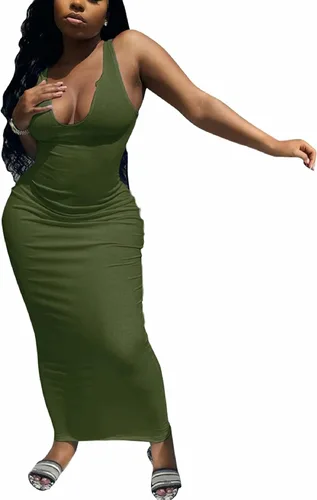 Adogirl - Vestido de verano sexy para mujer, cuello redondo y abierto, estilo otomano, acanalado, para club, playa, básico, largo, ajustado