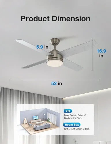 Miniatura 6 de warmiplanet Ventilador de techo con luz LED y control remoto, motor cepillado, 52 pulgadas (4 cuchillas)