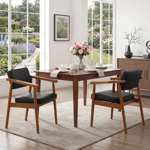 Miniatura 11 de LSSPAID Juego de 1 silla de comedor de mediados de siglo, sillón tapizado en tela de lino beige con reposabrazos de madera, respaldo cómodo, silla