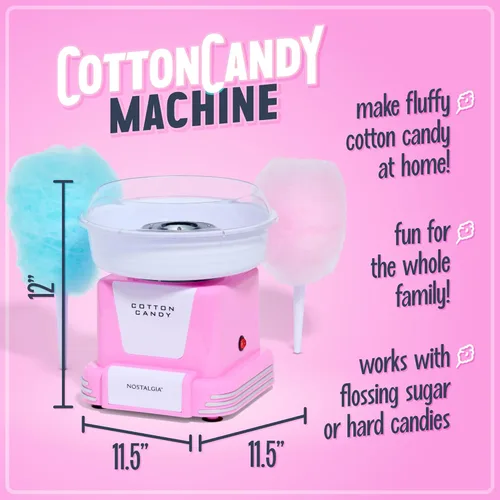 Miniatura 2 de Nostalgia - Máquina de algodón de azúcar retro para niños con 2 conos reutilizables, 1 cuchara para azúcar y 1 cabeza extractora – Rosa Rosa Retro