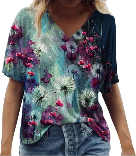 Camisetas gráficas vintage para mujer, cuello en V, estampado 3D, floral, mariposa, verano, casual, manga corta, ajuste holgado