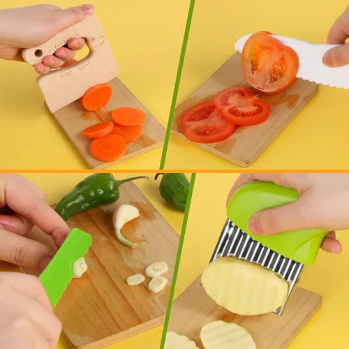 Miniatura 5 de Juego de cuchillos para niños, juego de cuchillos seguros para niños pequeños, cuchillos seguros para cocina real, bordes dentados, utensilios