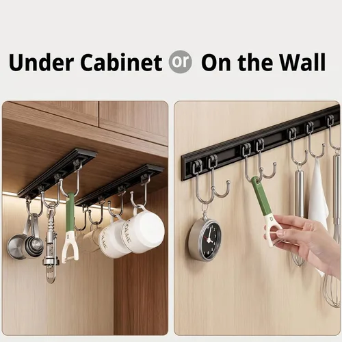 Miniatura 2 de 2 piezas Estantes para Utensilios con 6 Ganchos Soporte para Tazas de 11 Pulgadas Debajo del Gabinete Soportes para Utensilios de Cocina Negro