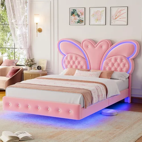 Miniatura 8 de Keyluv Base de cama Queen con cabecera tapizada con patrón de mariposa, moderna cama flotante con luces LED, botón copetudo en cabecero y estribo