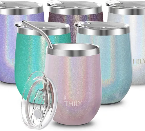 Miniatura 7 de THILY T2 Vaso de vino de acero inoxidable aislado – Juego de copas de vino sin tallo con triple aislamiento de viaje con tapa hermética y popote