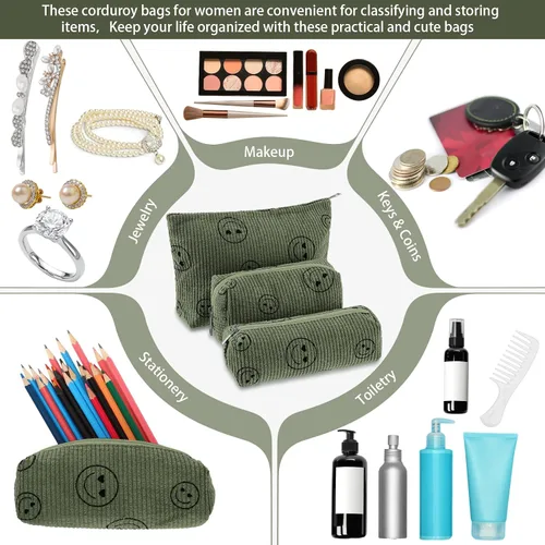 Miniatura 4 de Huhumy Juego de 3 bolsas de maquillaje para mujeres, bolsa cosmética de pana con sonrisa estética, bolsa de viaje para artículos de tocador, linda