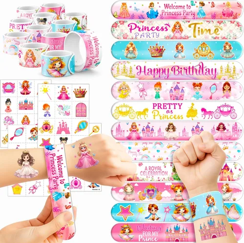 Cherisnowy Juego de 72 piezas de fiesta de princesita – 48 tatuajes temporales y 24 pulseras de bofetada – Bonitos suministros de cumpleaños,