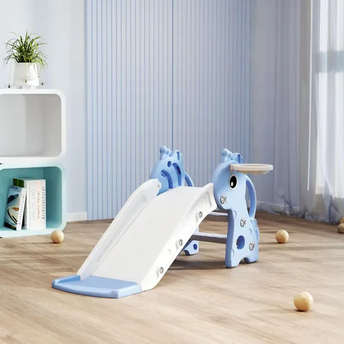 Miniatura 9 de Qaba Tobogán para niños pequeños con escalador, aro de básquetbol y pelota, tobogán para interiores con diseño de jirafa, equipo de juego Azul