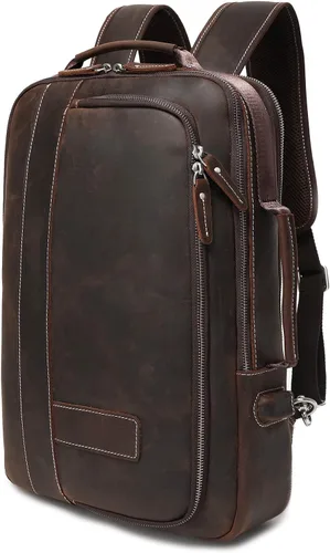 Lannsyne Mochila de cuero de grano completo expandible 15.6 para computadora portátil, bolsa de viaje de hombro marrón, Marrón, L, Portátil