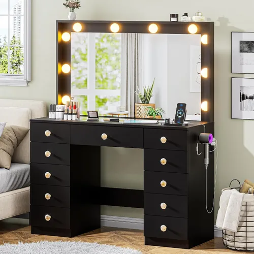 Miniatura 9 de DINGIPP Tocador de 42.1 pulgadas con espejo grande y 10 luces LED, escritorio de tocador con tope de cristal, 11 cajones con asas de cristal