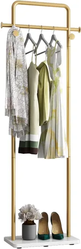 Miniatura 8 de TIEOU Percheros dorados con estante, percheros dorados resistentes para boutiques, perchero de metal independiente para colgar ropa, perchero Dorado