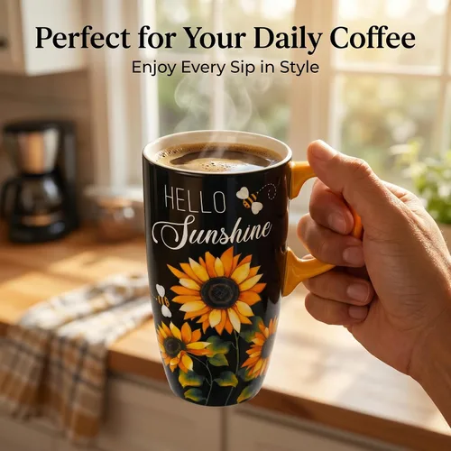 Miniatura 6 de Taza de viaje de cerámica de girasol de Topadorn con tapa y caja de regalo a juego, taza de café latte, 17oz. Hola, sol