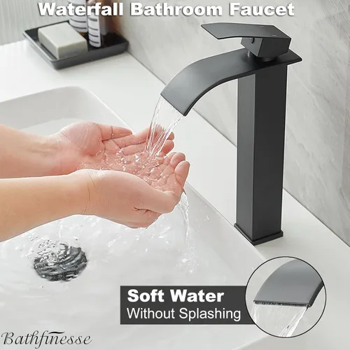 Miniatura 3 de Grifo de fregadero de recipiente con cascada, grifo de baño mate negro de acero inoxidable, alto, de una sola manija, un agujero, montaje