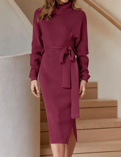 Miniatura 54 de ZESICA - Vestido por debajo de la rodilla de suéter, de cuello alto, para mujer, de manga larga, de punto acanalado, con abertura y cinturón