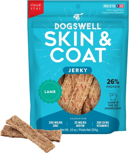 Dogswell Skin & Coat - Golosinas de carne seca para perros, cordero, bolsa de 10 onzas