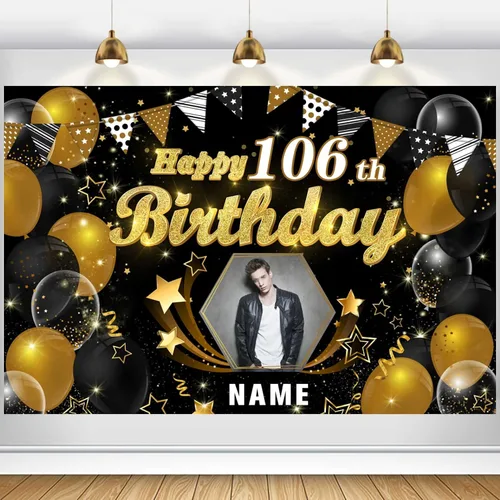 Miniatura 11 de Cartel personalizado de decoración de cumpleaños número 106 con tema azul marino, pancarta de tela personalizada para suministros de fiesta