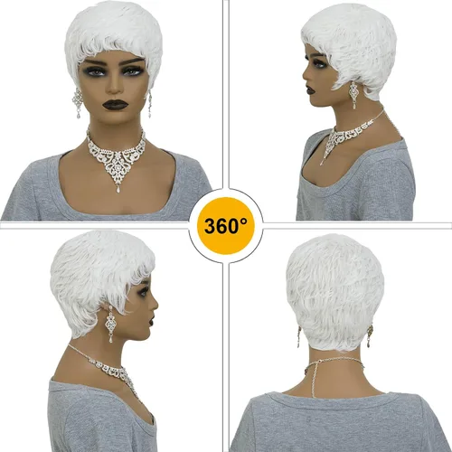 Miniatura 4 de Pelucas blancas cortas Pixie para mujeres negras, cabello sintético ondulado natural con gorra ligera, peluca corta de corte Bob con textura suave