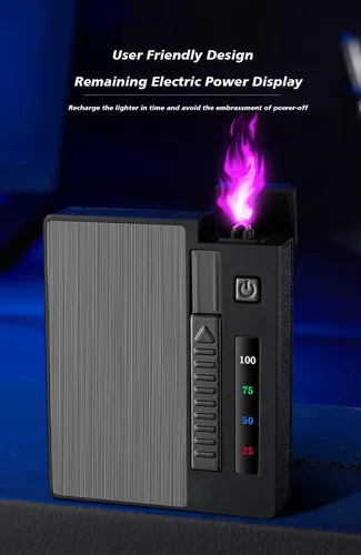 Miniatura 5 de Ambrogio.L 20 cigarrillos regulares caso/caja con encendedor de arco a prueba de viento con pantalla de alimentación USB recargable, sin llama, a