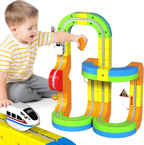 Juego de Tren Eléctrico para Niños, Set de Pista de Carreras 3D de 69 Piezas con Tren Eléctrico, Señales de Tráfico, Set de Juguetes de Tren STEM