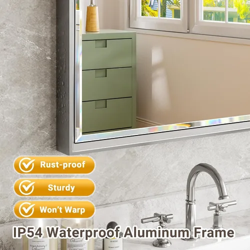 Miniatura 4 de Espejo de baño plateado de 40 x 30 pulgadas, espejo grande de tocador de baño plateado biselado, espejo rectangular plateado irrompible, espejo